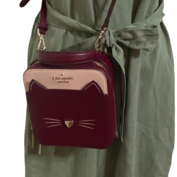 Kate Spade New York Meow Cat Daisy Crossbody Bag Burgundy Saffiano Leather - Picture 13 of 16